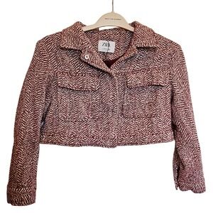 Zara Kids Girls Burgundy Herringbone Cropped Jacket Shacket Size 13-14